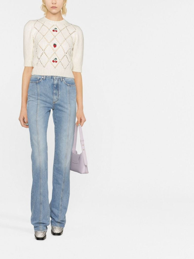 Blue Logo-embroidered High Waist Flared Jeans