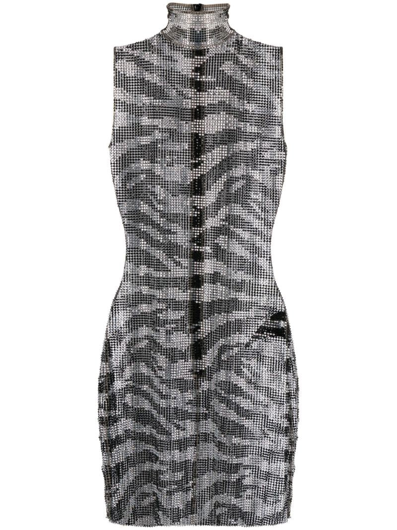 Black Zebra Crystal Mesh Mini Dress