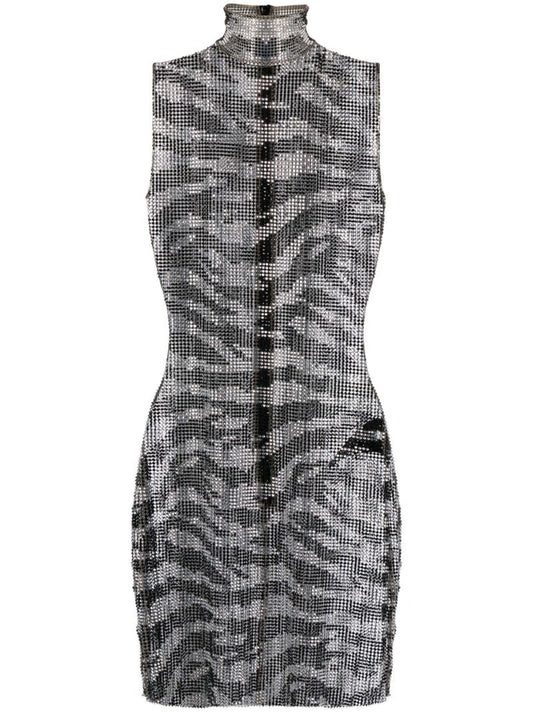 Black Zebra Crystal Mesh Mini Dress