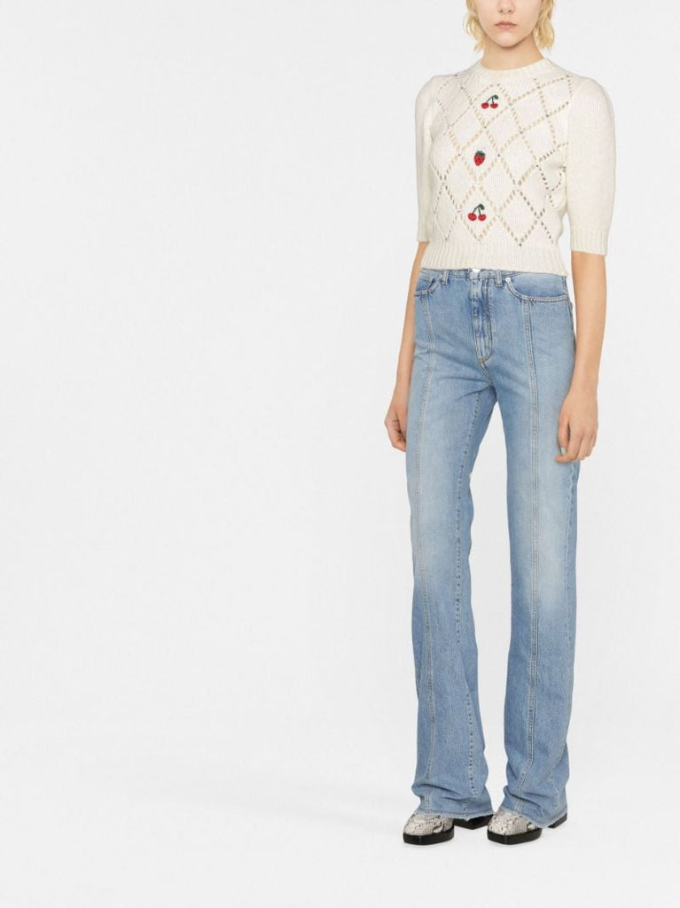White Fruit Embroidered Short Sleeve Wool Sweater