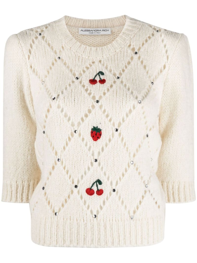 White Fruit Embroidered Short Sleeve Wool Sweater
