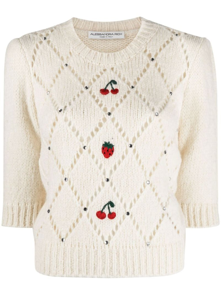 White Fruit Embroidered Short Sleeve Wool Sweater