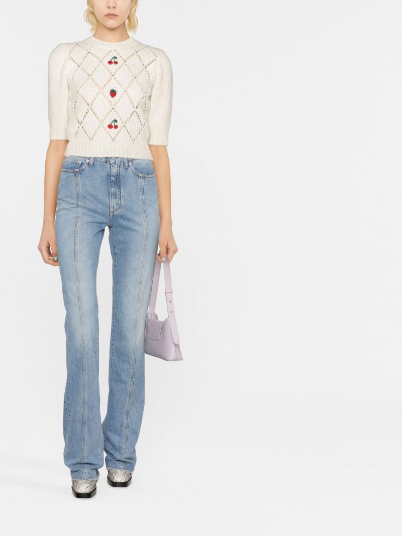 White Fruit Embroidered Short Sleeve Wool Sweater