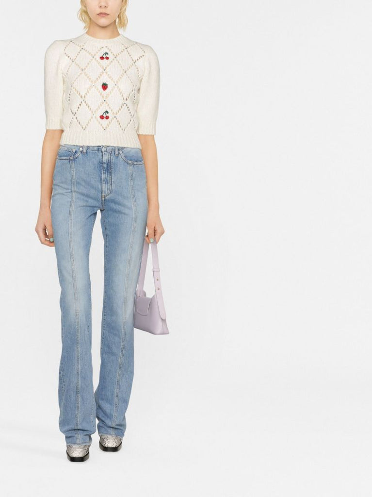 White Fruit Embroidered Short Sleeve Wool Sweater