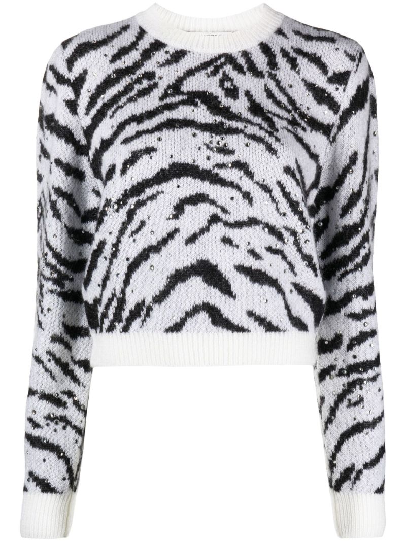 White Zebra Intarsia Crystal Embellished Sweater