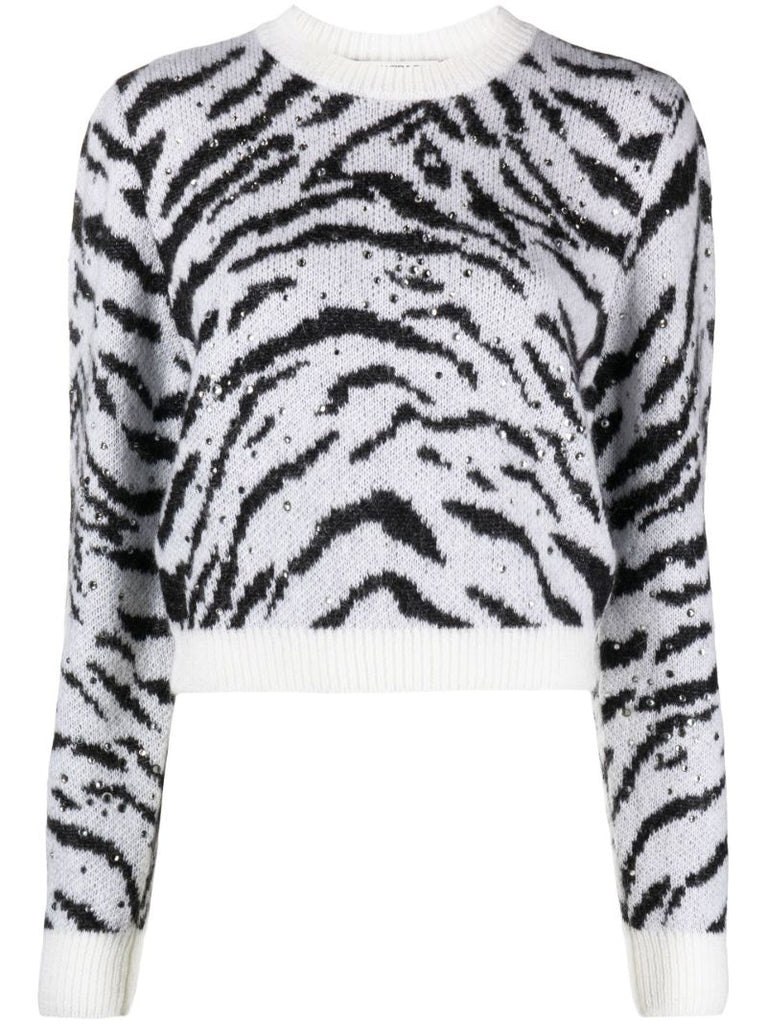 White Zebra Intarsia Crystal Embellished Sweater