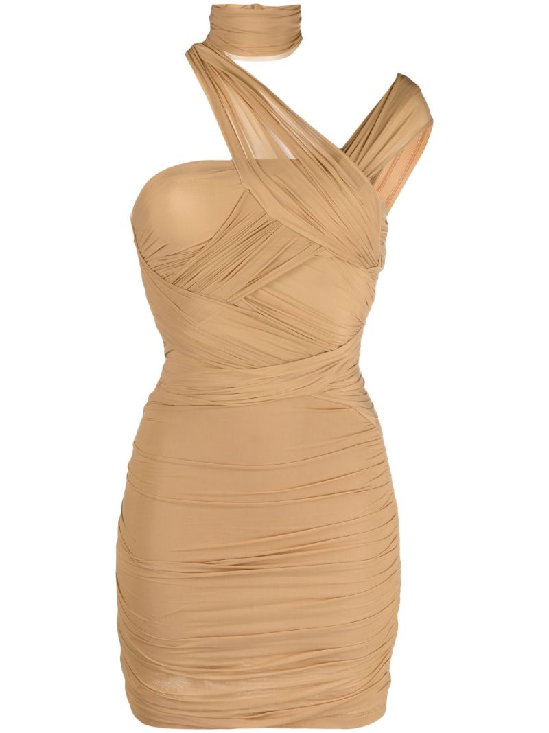 Neutral Asymmetric Ruched Dress