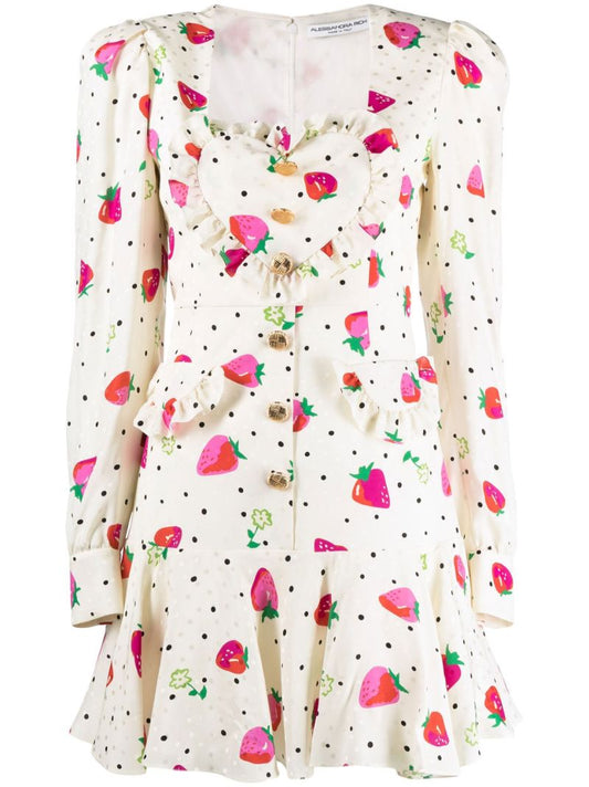 White Strawberry Print Ruffled Silk Mini Dress