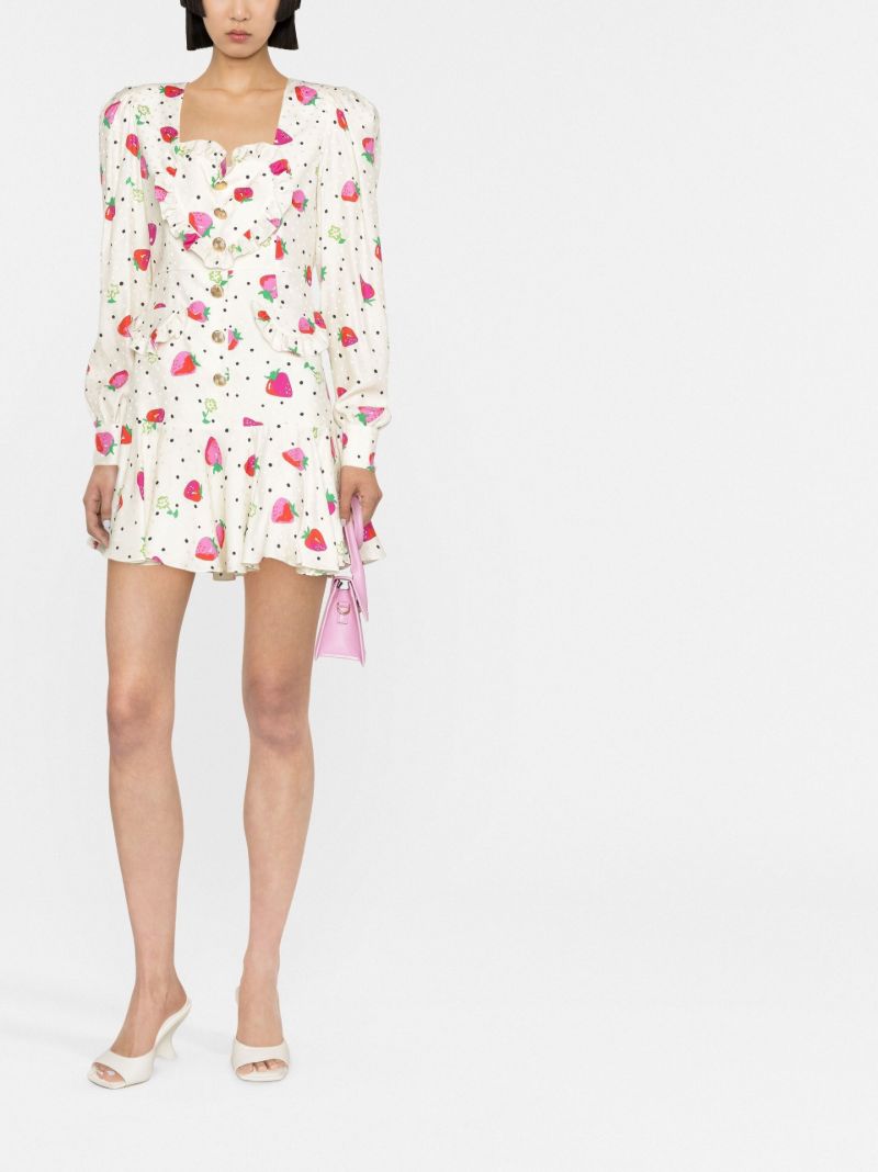 White Strawberry Print Ruffled Silk Mini Dress