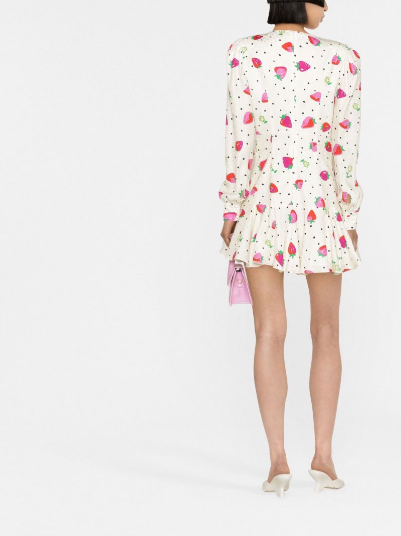 White Strawberry Print Ruffled Silk Mini Dress