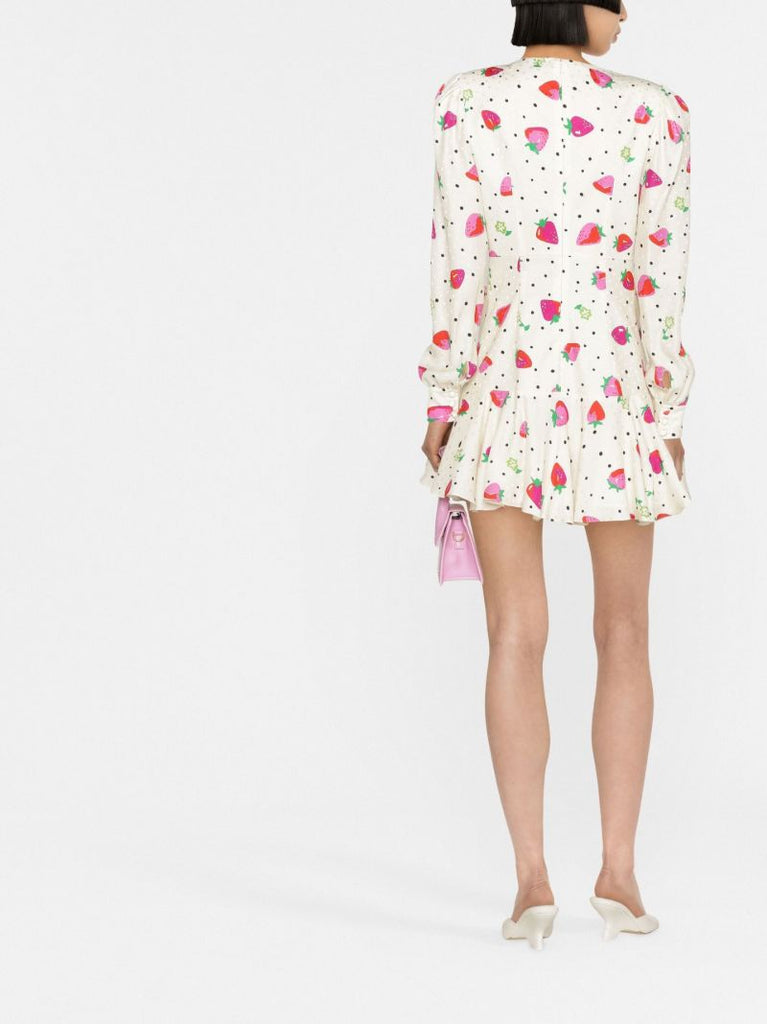 White Strawberry Print Ruffled Silk Mini Dress