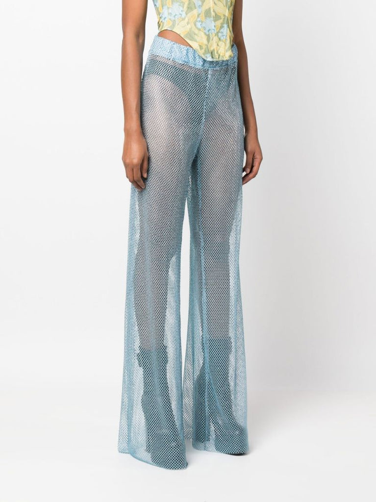 Blue Studded Mesh Wide-leg Trousers