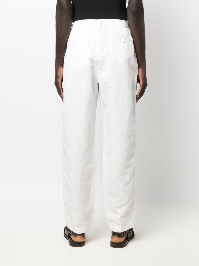 White Straight Leg Cotton and Linen Trousers