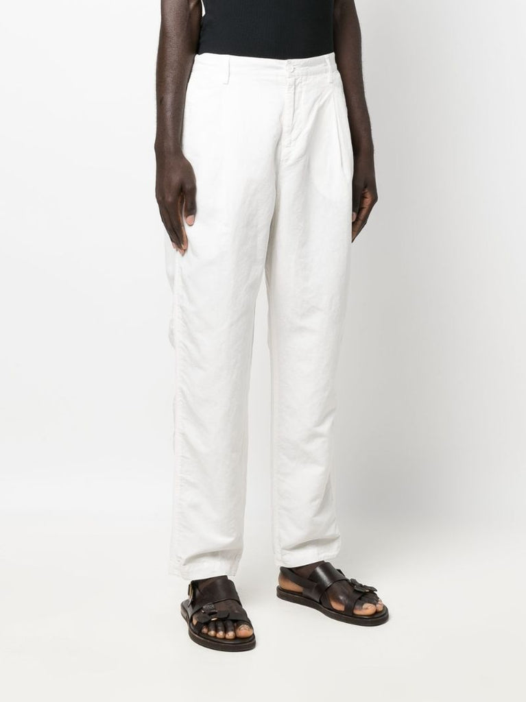 White Straight Leg Cotton and Linen Trousers