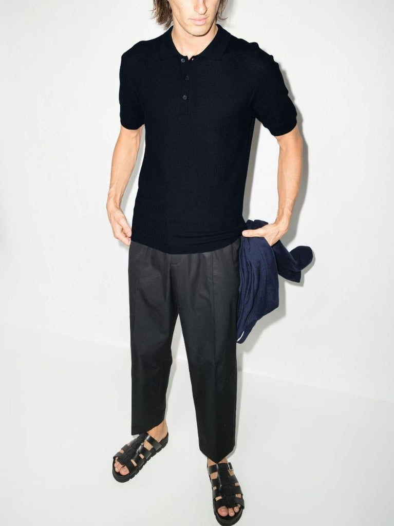 Blue Button Placket Cotton Polo Shirt