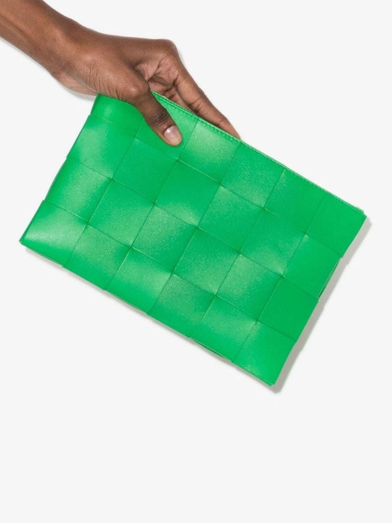 Green Bill Zipped Intrecciato Leather Clutch Bag