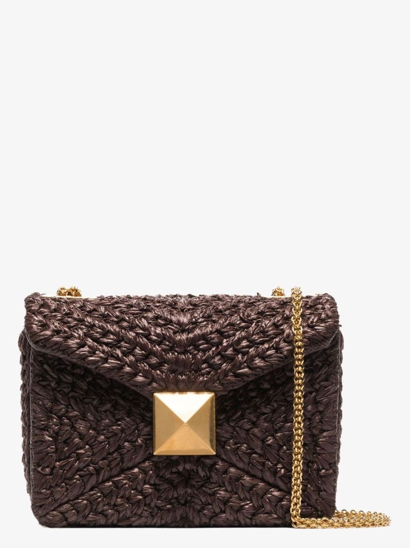 Brown One Stud Raffia Shoulder Bag