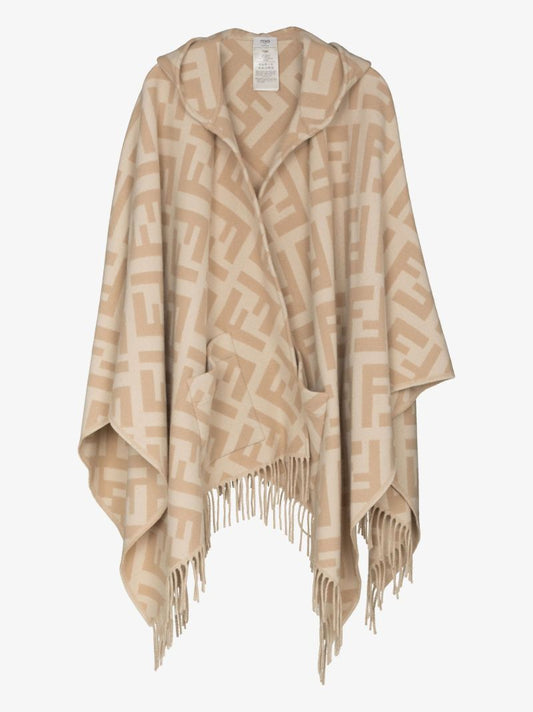 Hooded Ff Logo Jacquard Cashmere Poncho