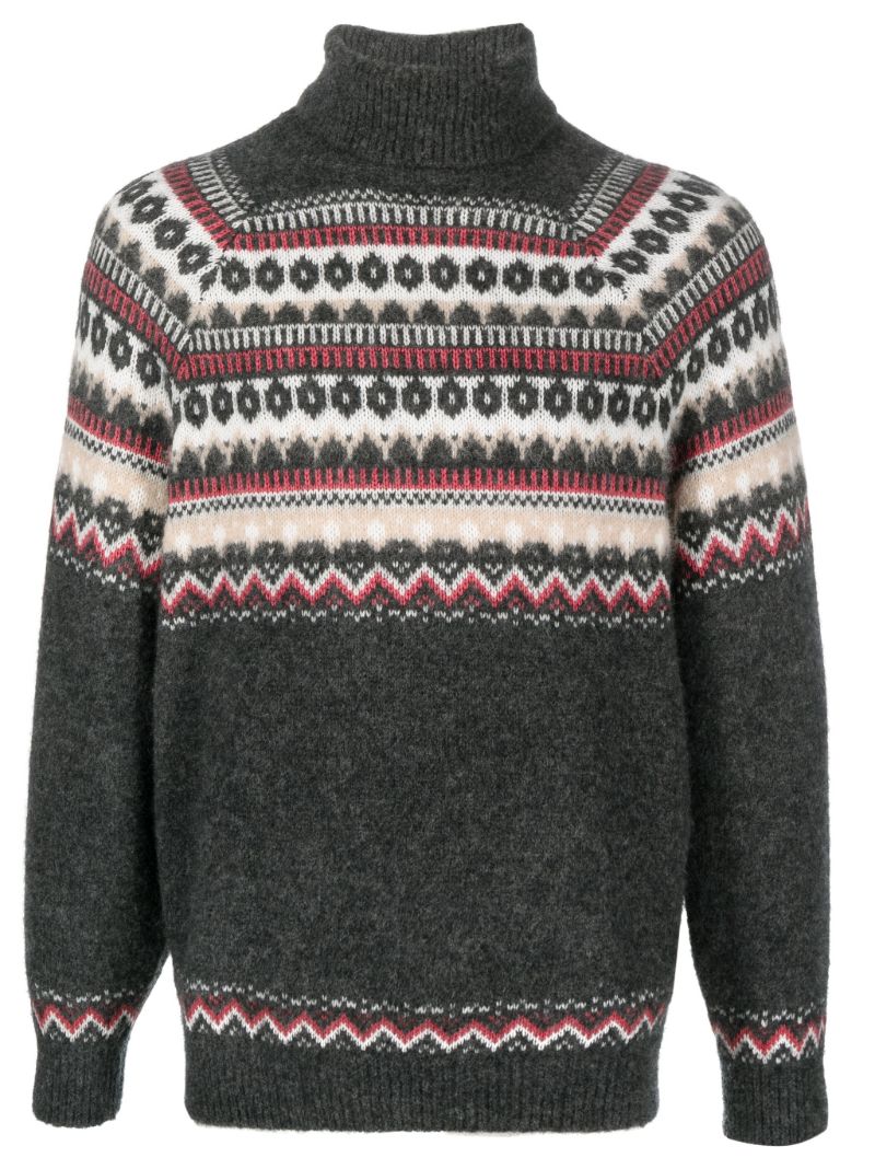 Green Roll Neck Intarsia-knit Jumper