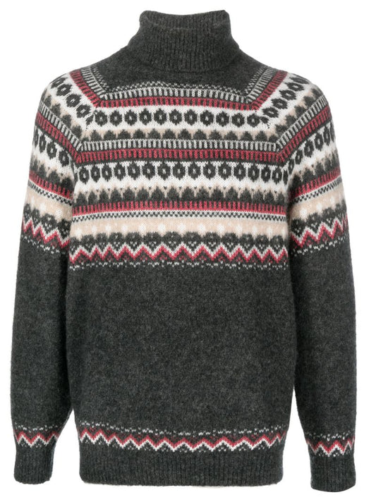 Green Roll Neck Intarsia-knit Jumper