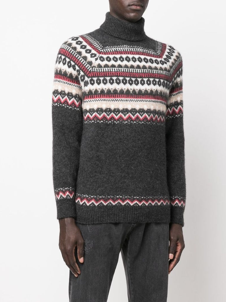 Green Roll Neck Intarsia-knit Jumper