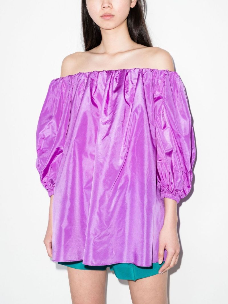 Purple Puff Sleeve Bardot Silk Top