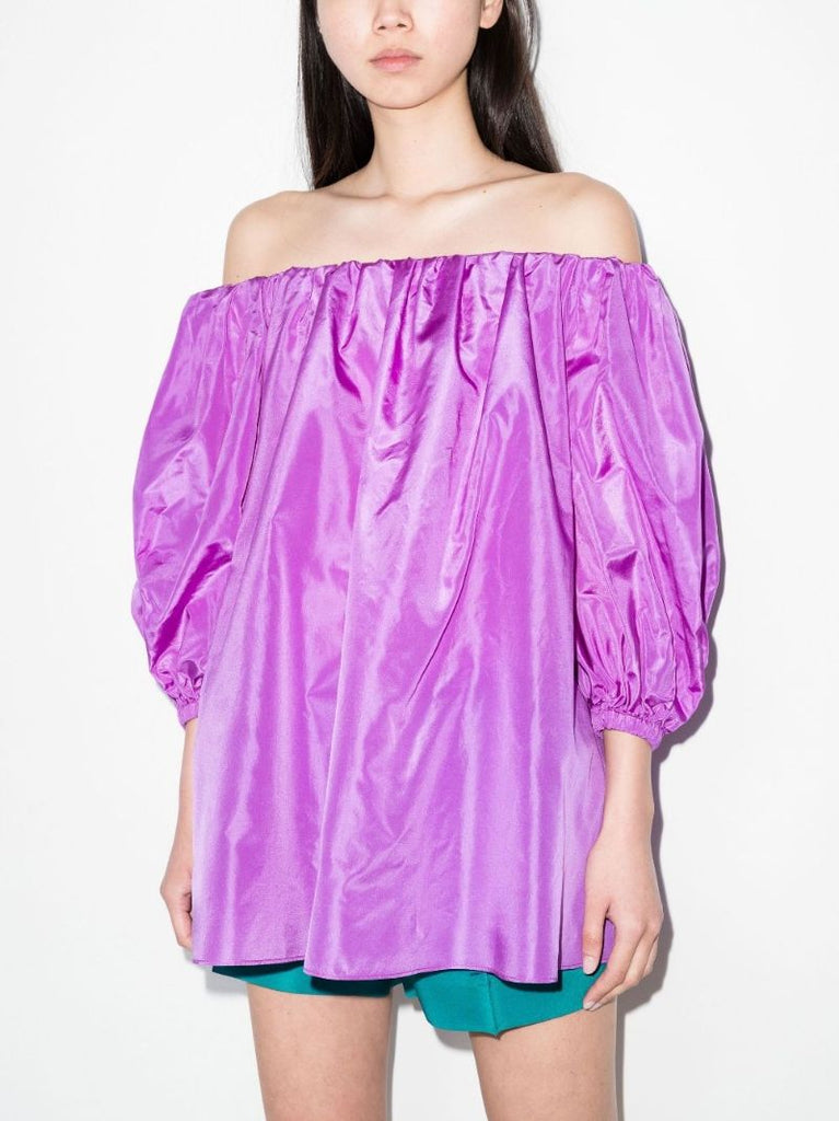 Purple Puff Sleeve Bardot Silk Top