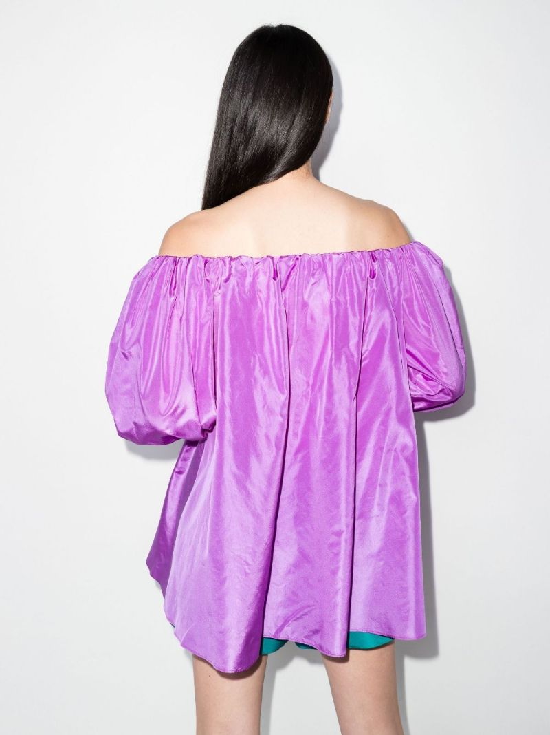 Purple Puff Sleeve Bardot Silk Top