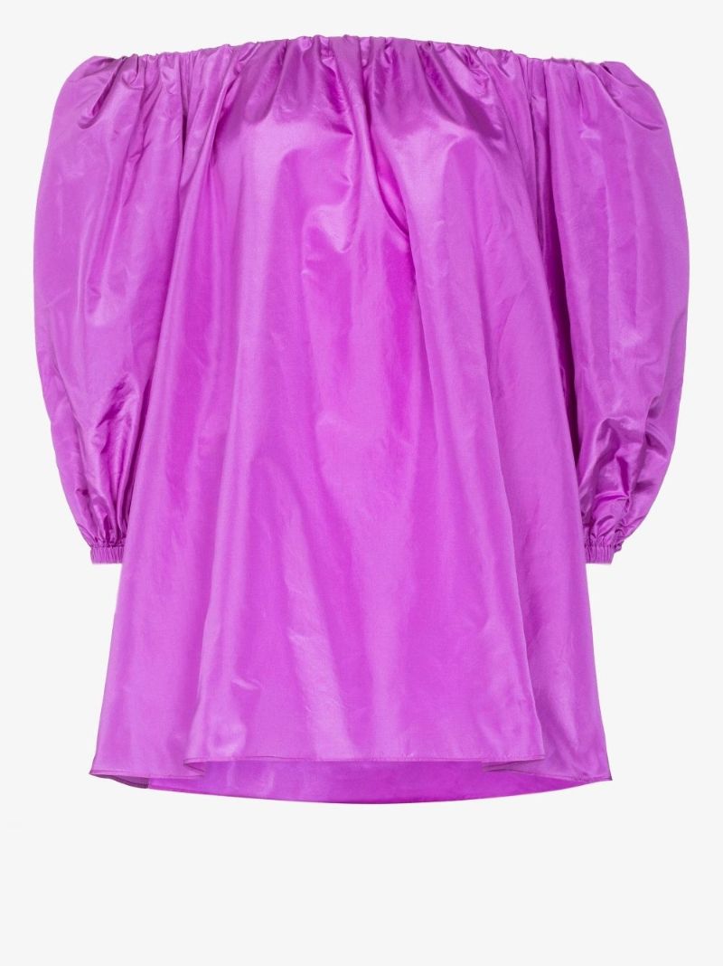 Purple Puff Sleeve Bardot Silk Top