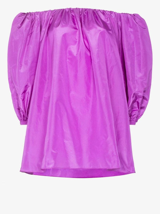 Purple Puff Sleeve Bardot Silk Top