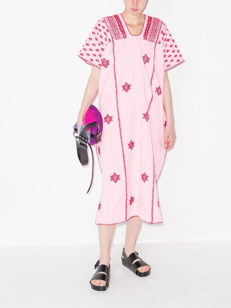 Three Panel Star Embroidered Cotton Midi Dress