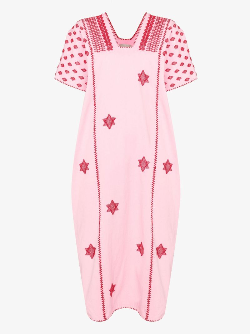 Three Panel Star Embroidered Cotton Midi Dress