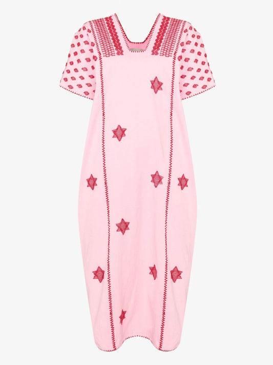 Three Panel Star Embroidered Cotton Midi Dress