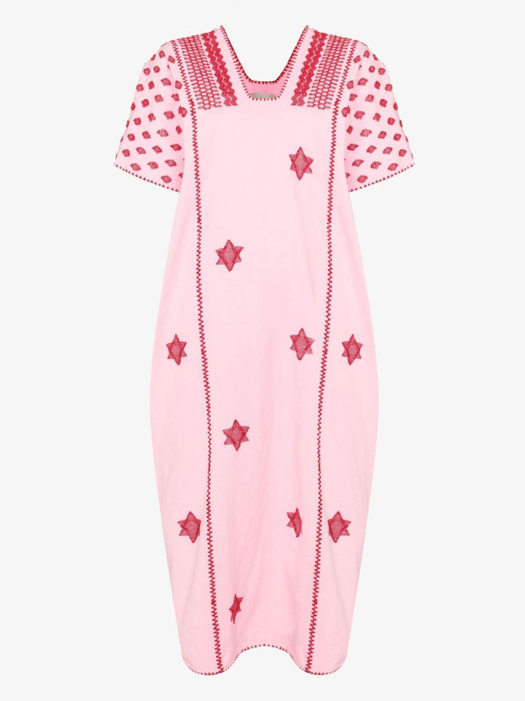 Three Panel Star Embroidered Cotton Midi Dress