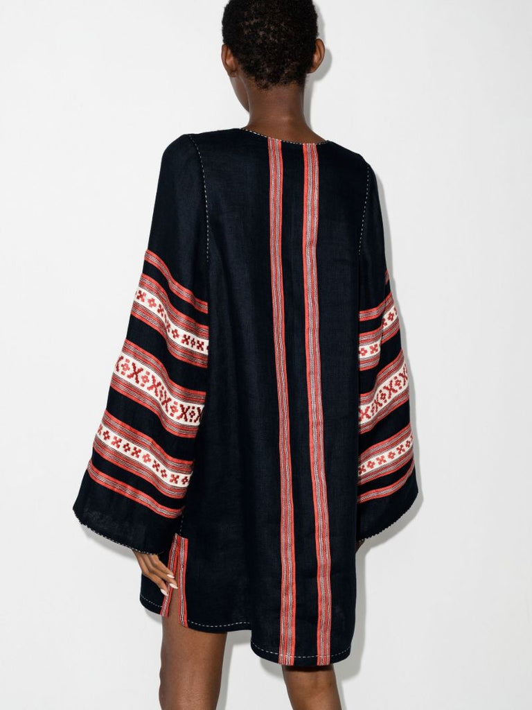 Navy Mykonos Embroidered Striped Linen Tunic