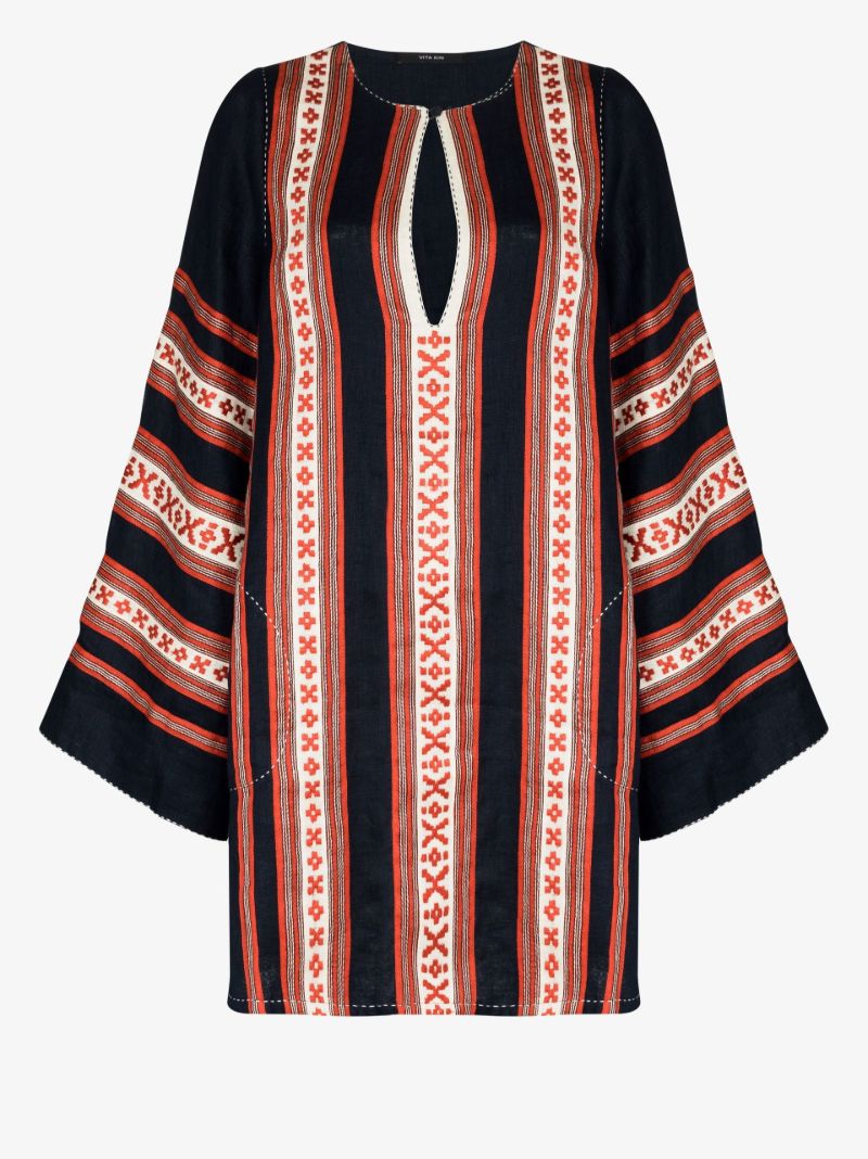 Navy Mykonos Embroidered Striped Linen Tunic