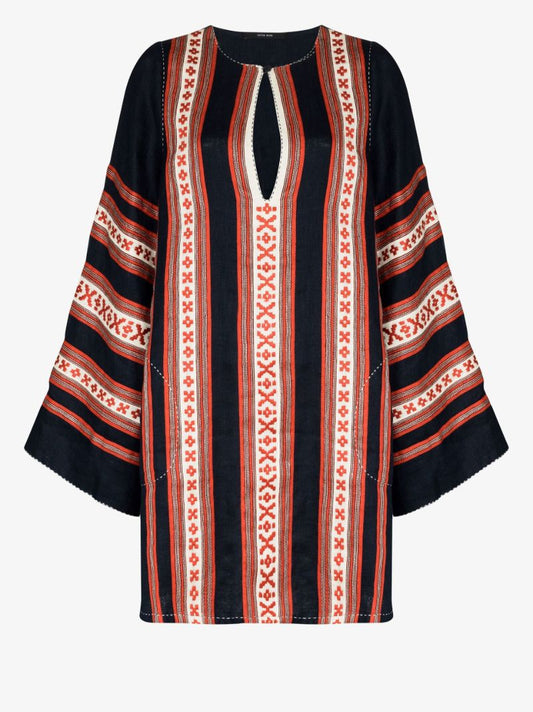 Navy Mykonos Embroidered Striped Linen Tunic