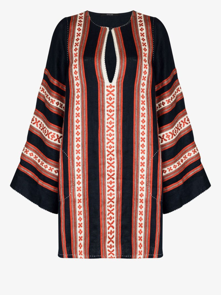Navy Mykonos Embroidered Striped Linen Tunic