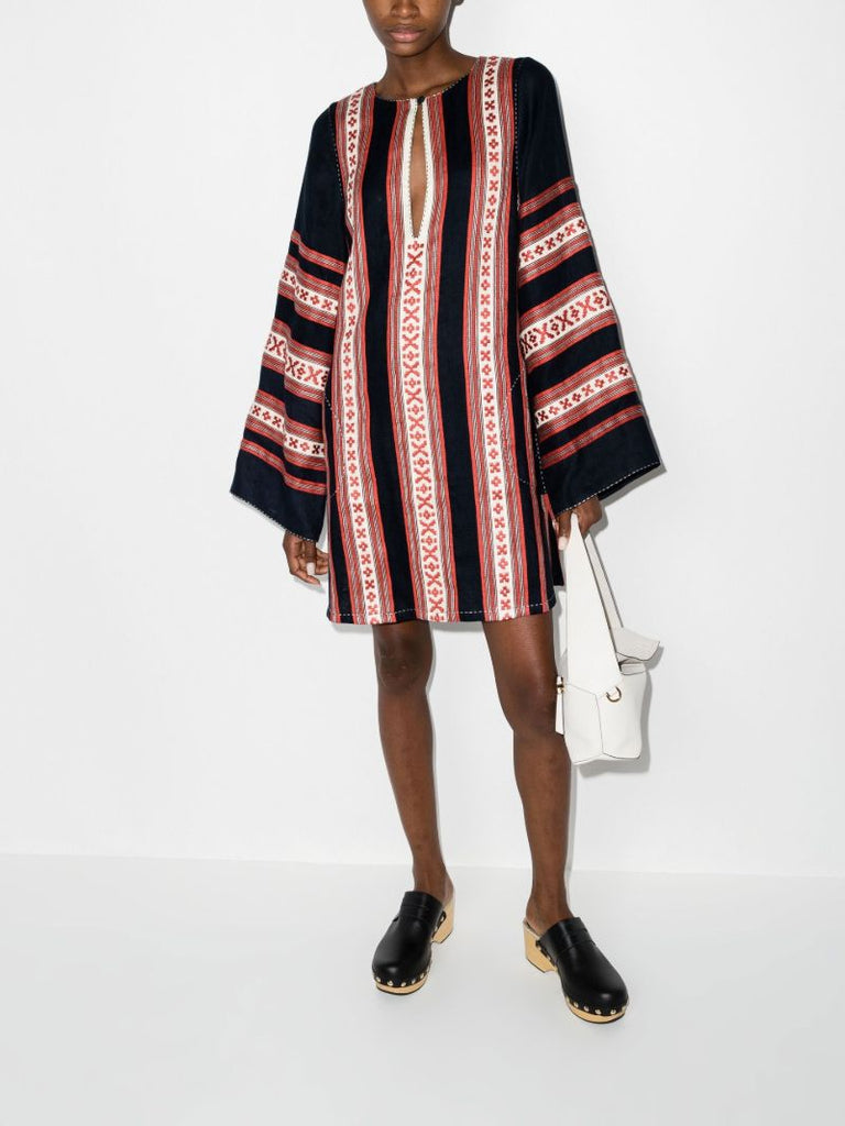 Navy Mykonos Embroidered Striped Linen Tunic