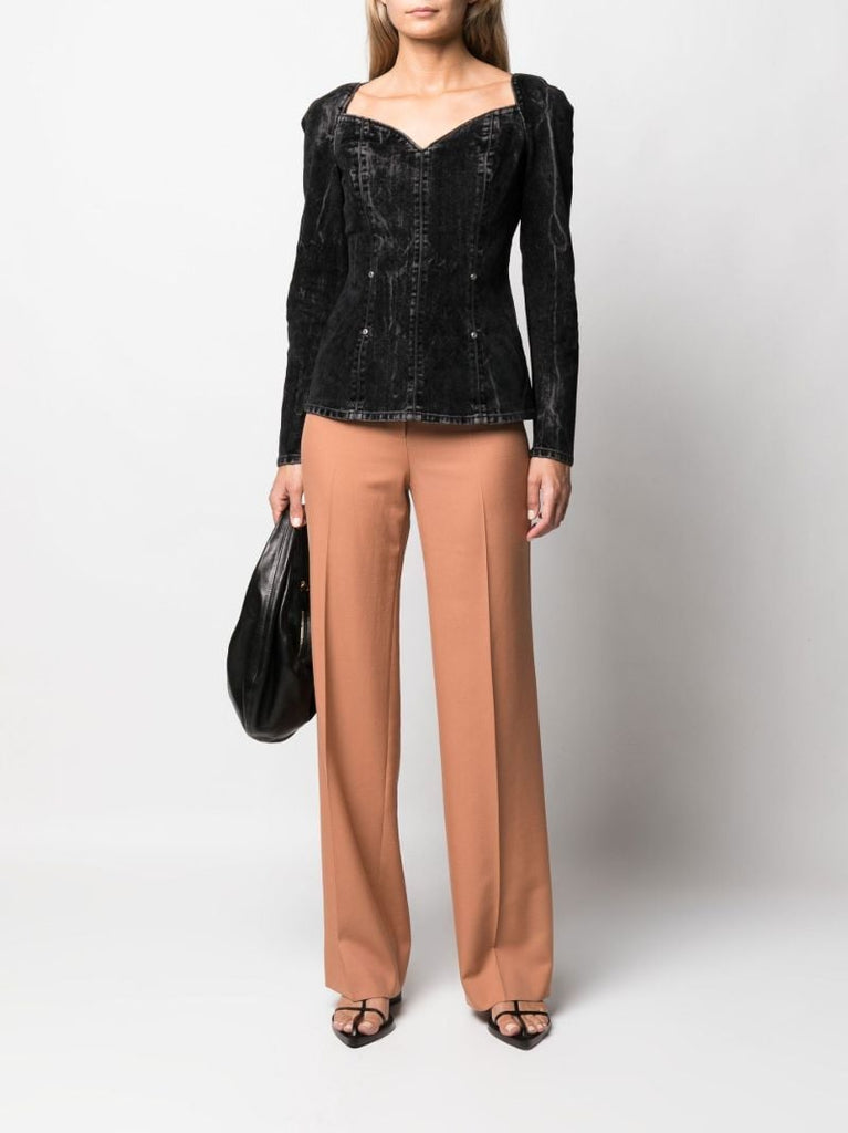 Black Flocked Velvet Denim Top