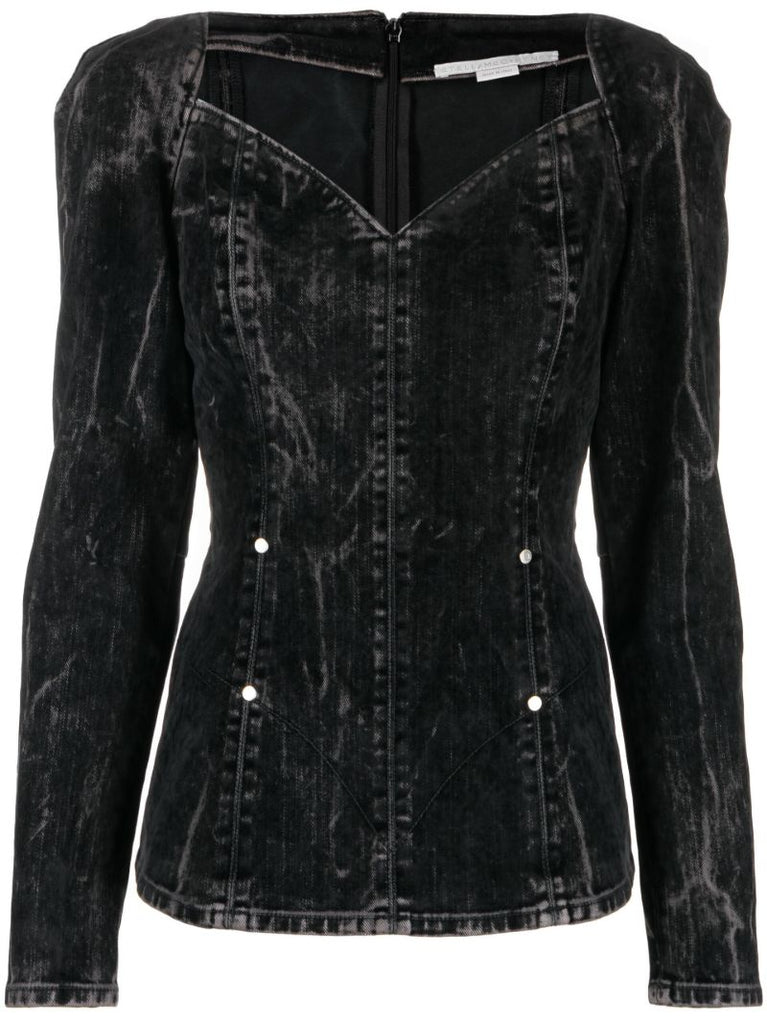 Black Flocked Velvet Denim Top