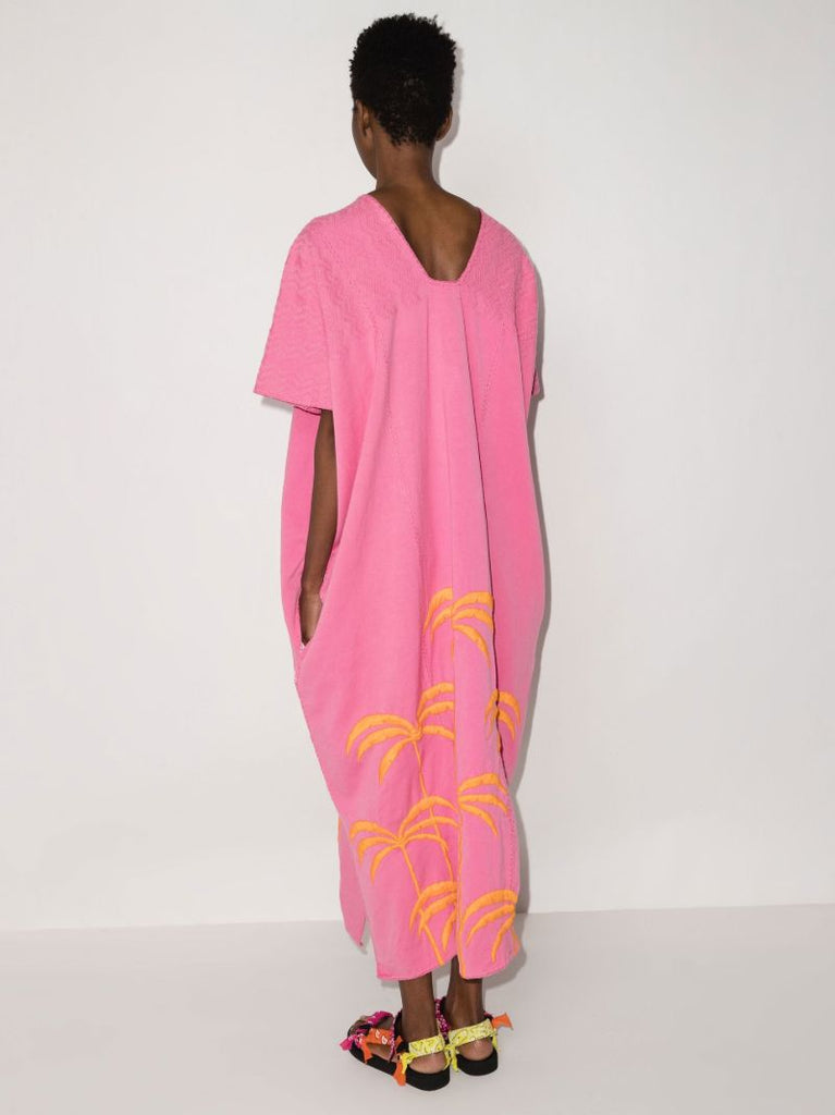 Three Panel Palm Tree Embroidered Cotton Midi Dress