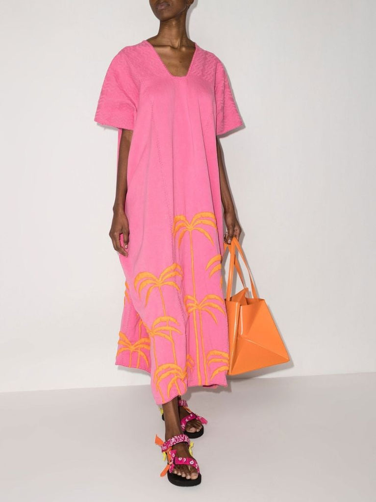 Three Panel Palm Tree Embroidered Cotton Midi Dress