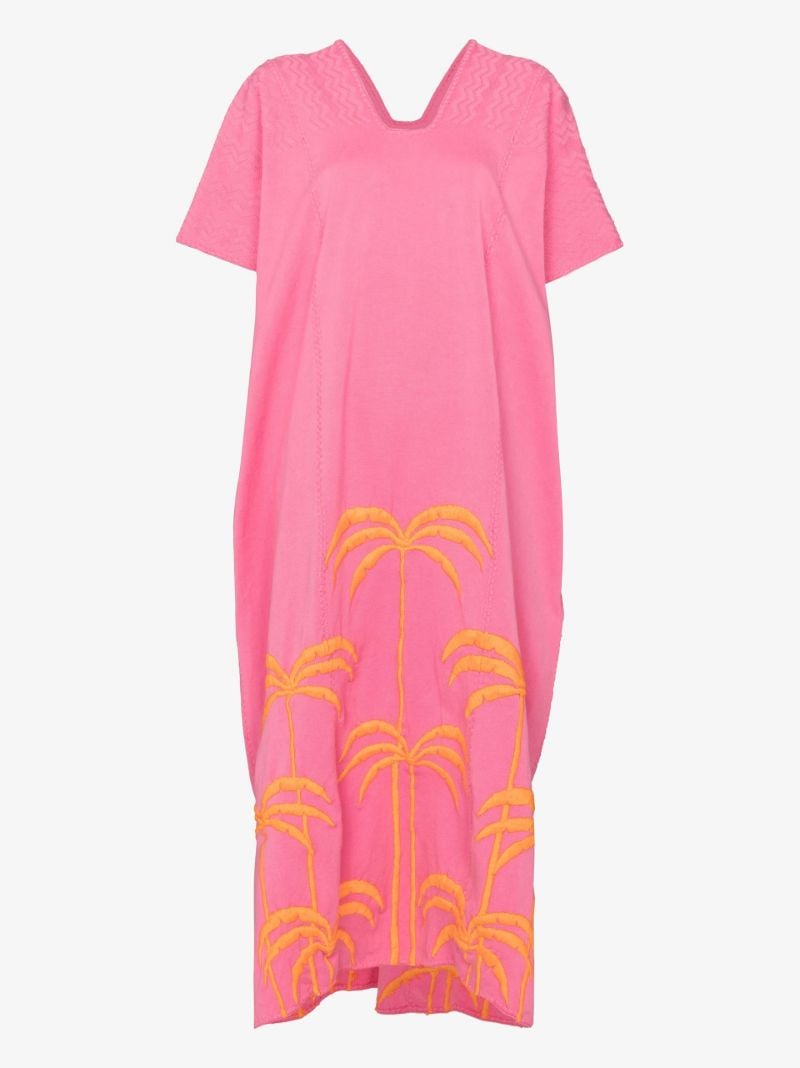 Three Panel Palm Tree Embroidered Cotton Midi Dress