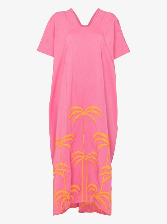 Three Panel Palm Tree Embroidered Cotton Midi Dress