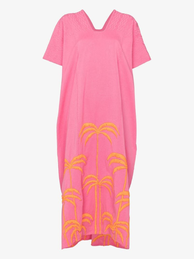 Three Panel Palm Tree Embroidered Cotton Midi Dress