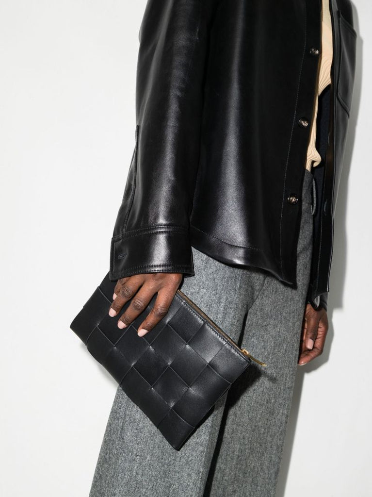Black Small Intrecciato Leather Pouch Bag