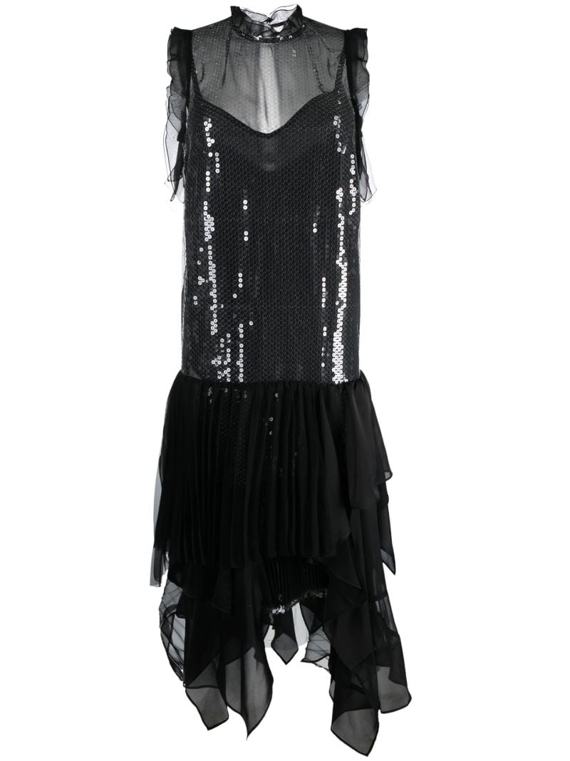 Black Sequinned Tulle Midi Dress