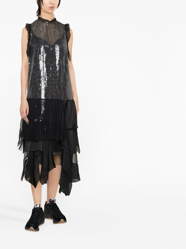 Black Sequinned Tulle Midi Dress