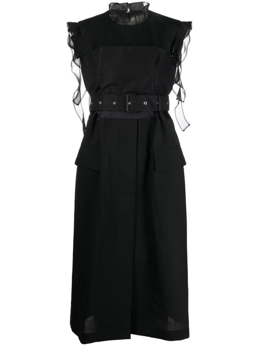 Black Panelled Belted Midi Dress